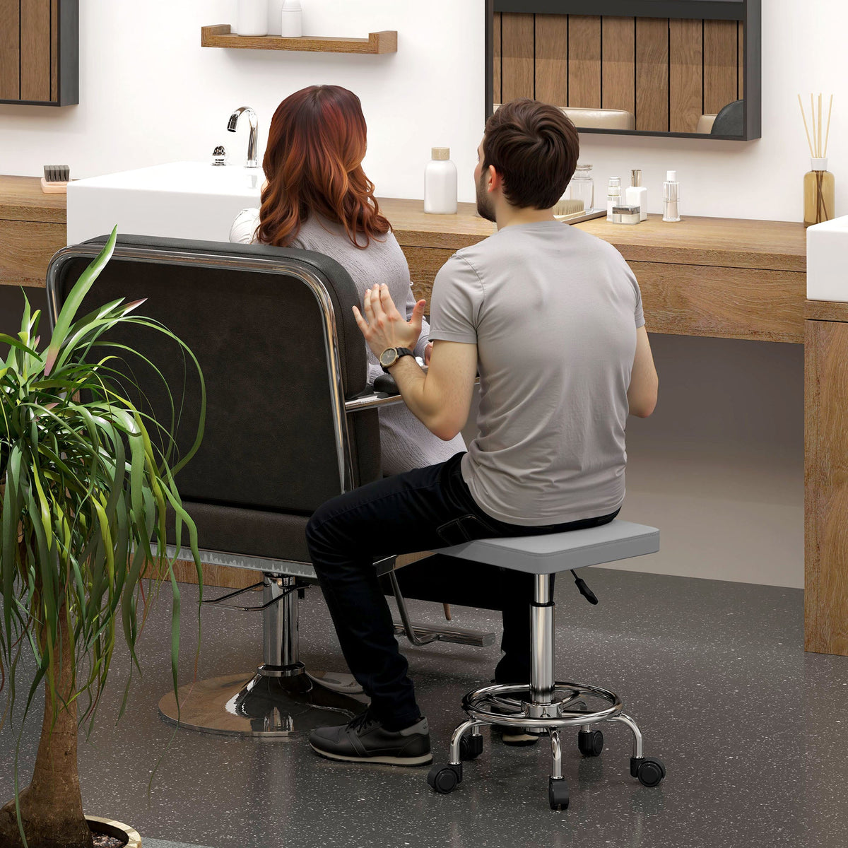 HOMCOM PU Leather Rolling Stool, Height Adjustable Salon Chair