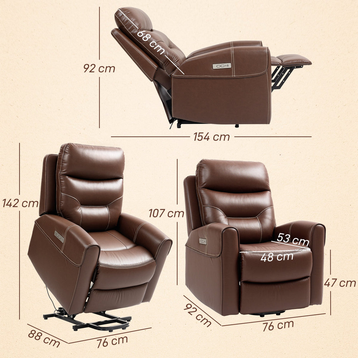 HOMCOM Overstuffed Riser and Reclining Chair with USB Ports, Remote