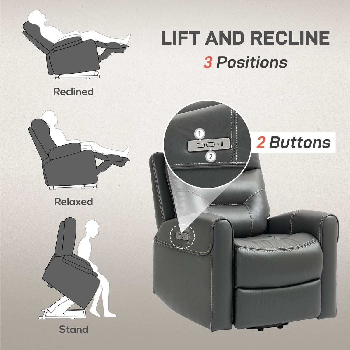 HOMCOM Overstuffed Riser and Reclining Chair with USB Ports, Remote
