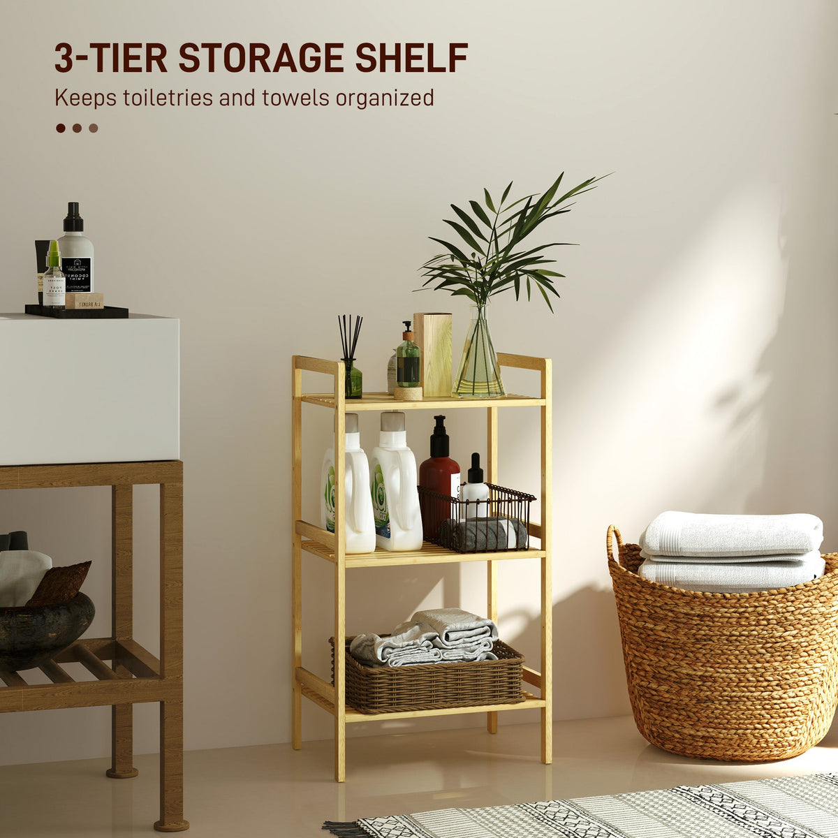 HOMCOM 3-Tier Bamboo Bathroom Storage Shelf with Adjustable Rack