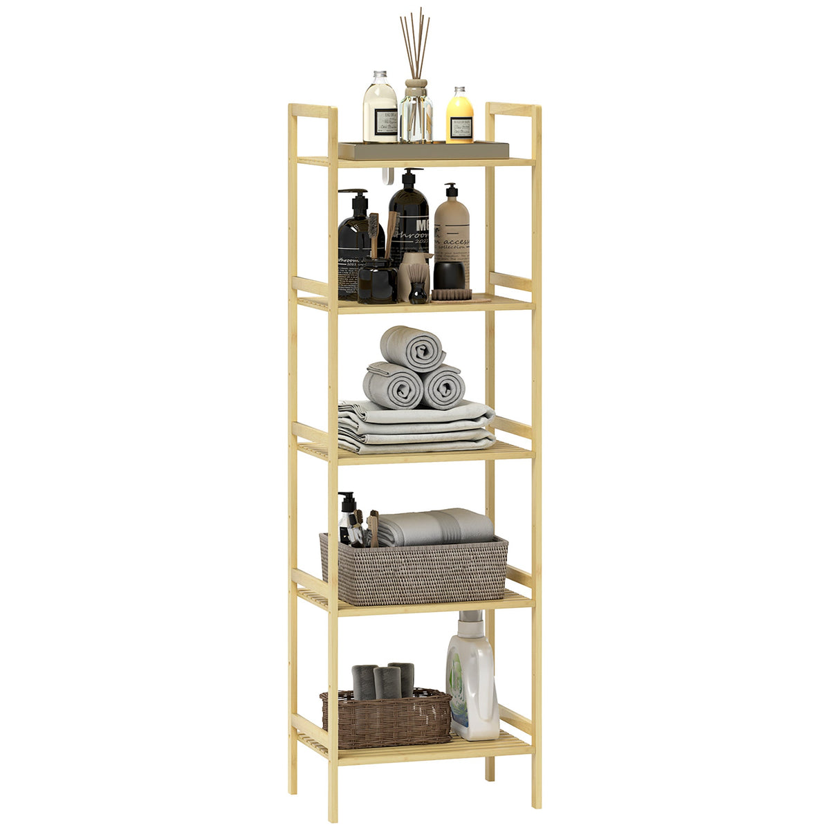HOMCOM 5-Tier Bamboo Bathroom Storage Shelf with Adjustable Rack