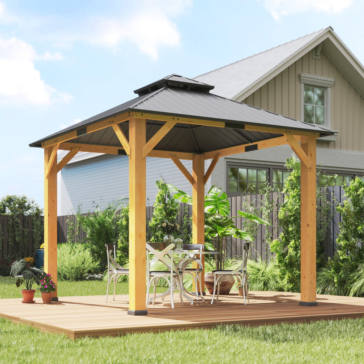 Outsunny 3x(3)M Double-Tier Hardtop Gazebo, Outdoor Patio Shelter