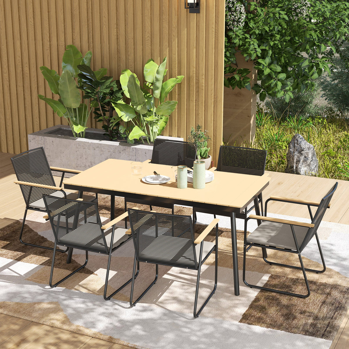 Outsunny 6 Seater Garden Dining Set with Cushions Rattan Backrest