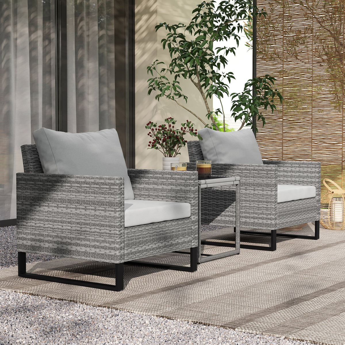 Outsunny 3PCS Rattan Bistro Set Glass Top Table and Chairs with 4 Cushions
