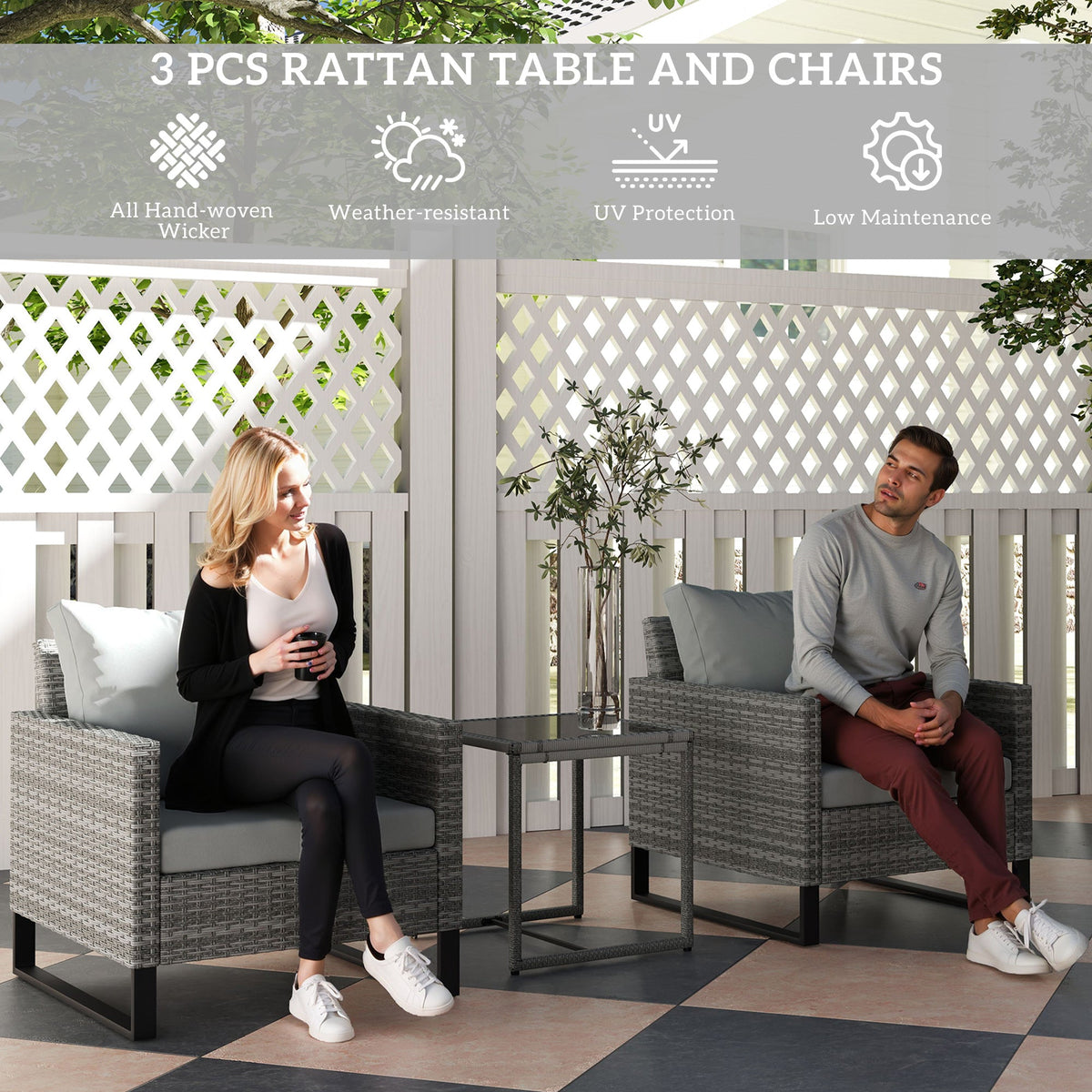 Outsunny 3PCS Rattan Bistro Set Glass Top Table and Chairs with 4 Cushions