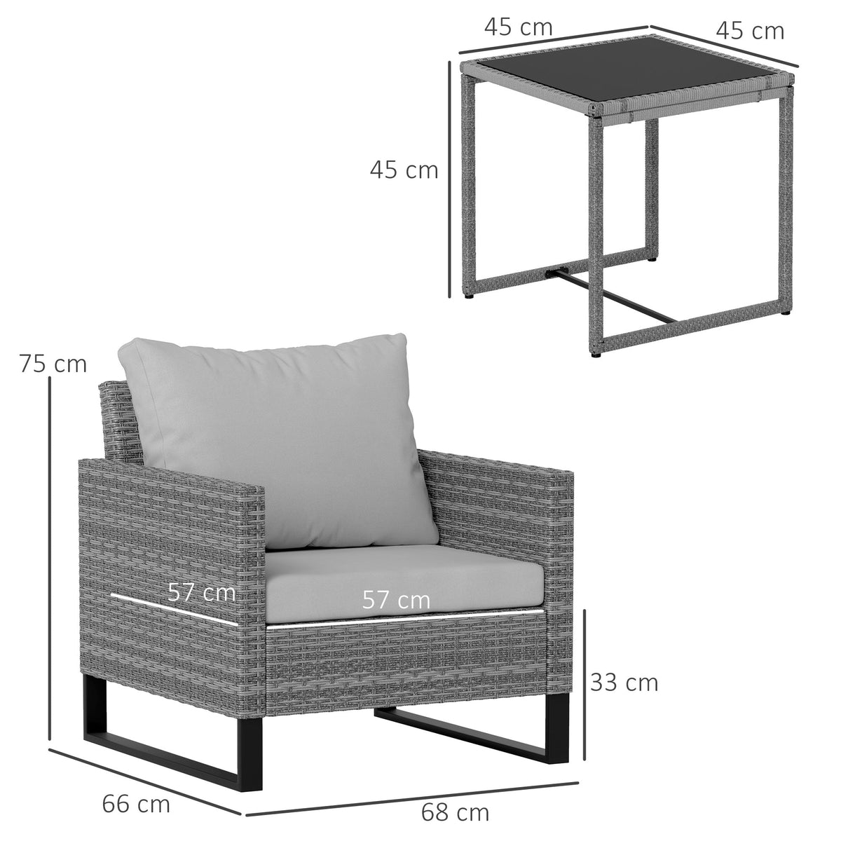 Outsunny 3PCS Rattan Bistro Set Glass Top Table and Chairs with 4 Cushions