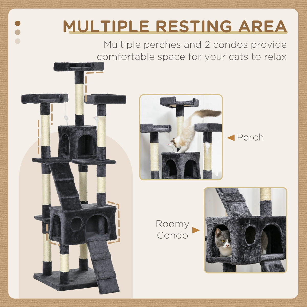 PawHut Cat Tree Scratcher Activity Centre, Condo Scratching Post Toy Bed