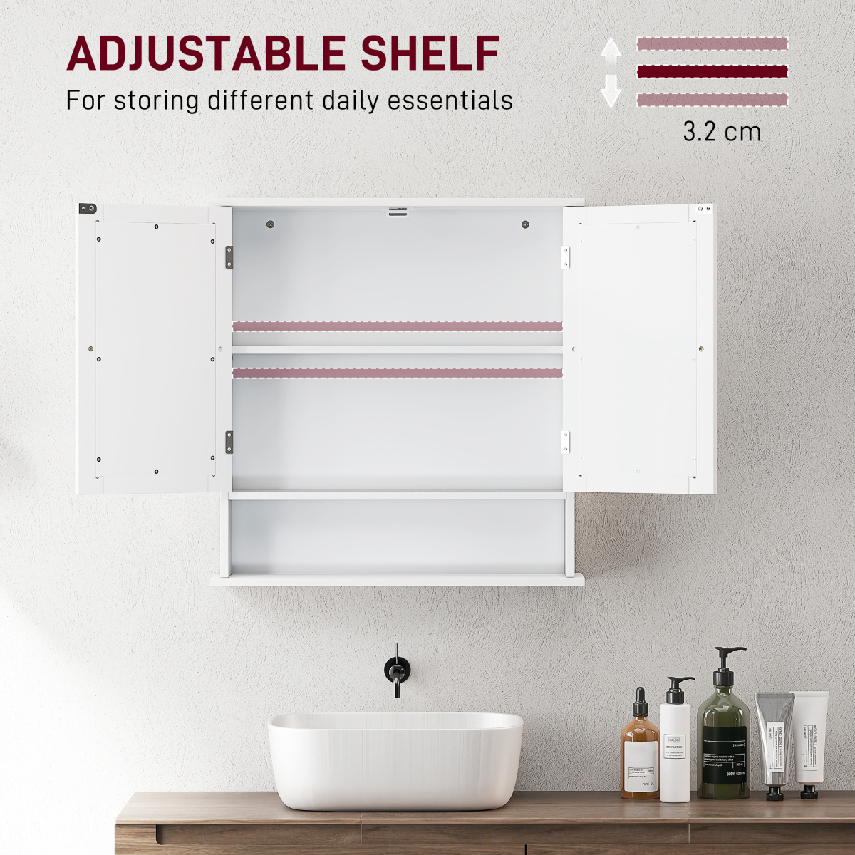 kleankin Wall Mounted Mirror Cabinet W/ Double Mirror Doors & Adjustable Shelf