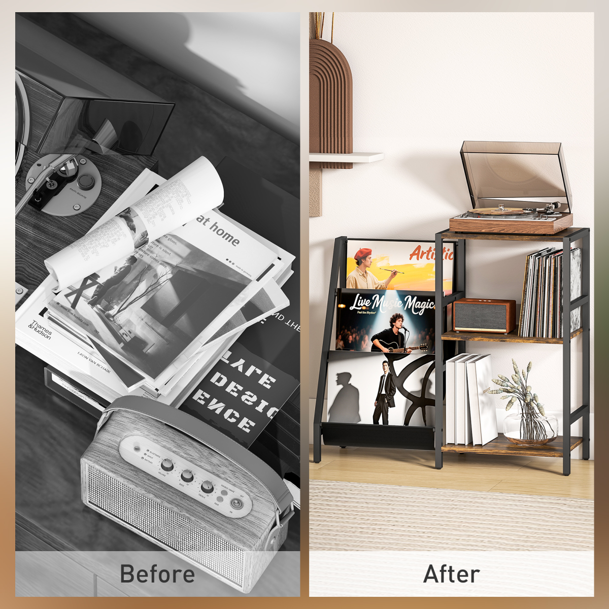 HOMCOM Record Player Stand, 3-Tier Side Table with Vinyl Record Storage