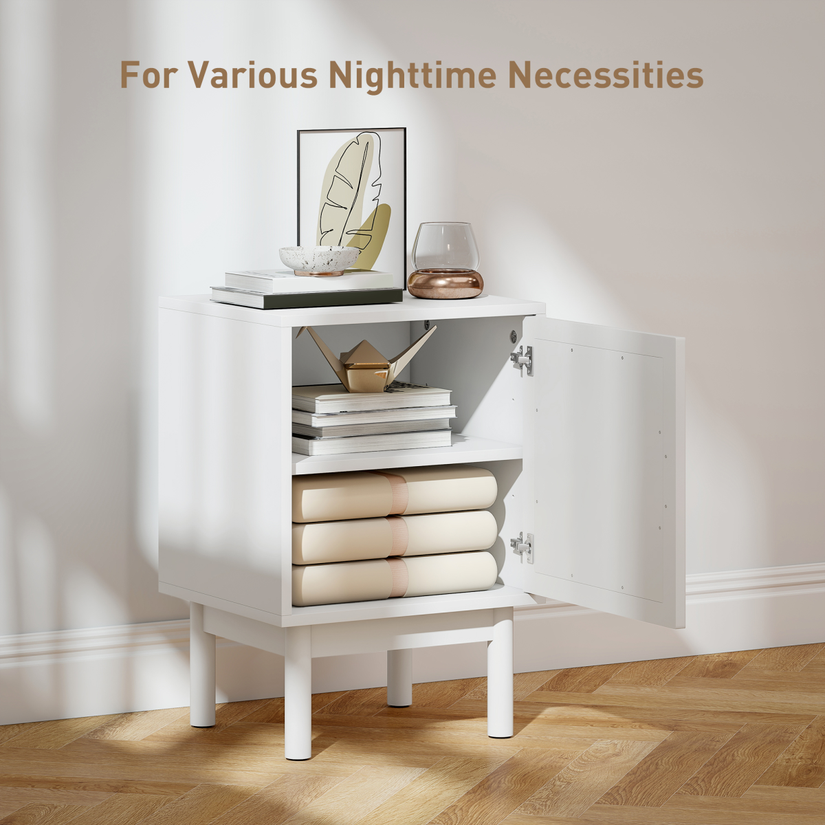 HOMCOM Boho Bedside Table with Rattan Door and Adjustable Shelf