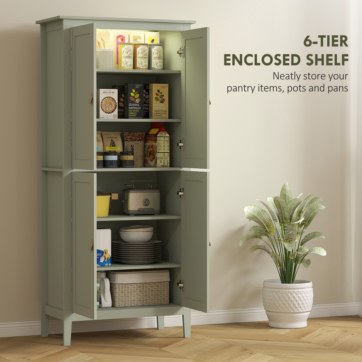 HOMCOM 176.5 cm Tall Freestanding Pantry Storage Cabinet with 4 Doors Green