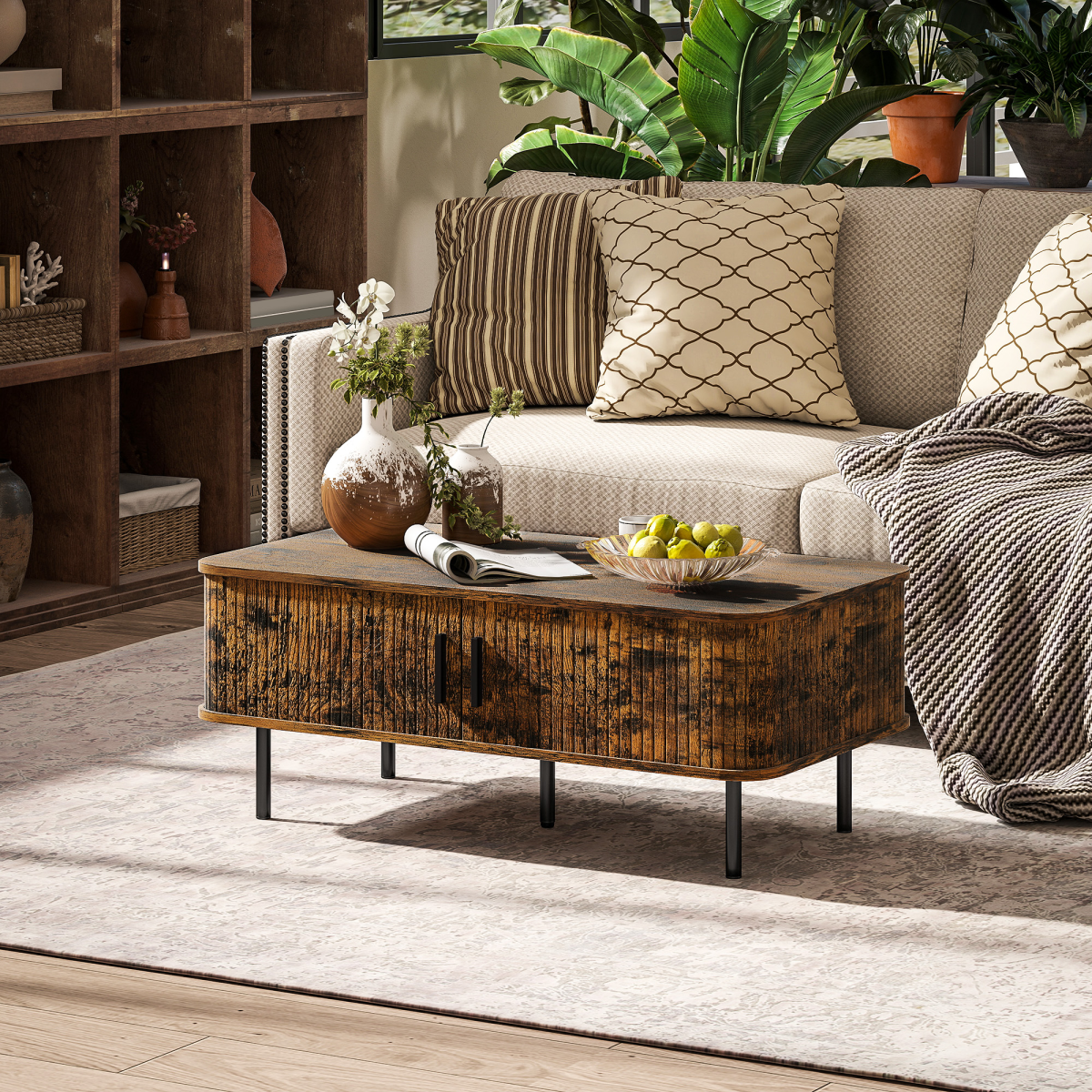 HOMCOM Coffee Table with Storage and Sliding Doors for Living Room, Grey