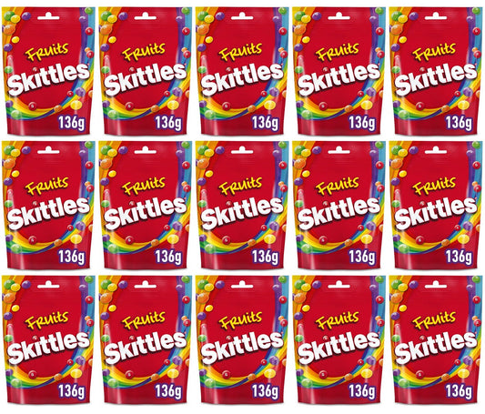 15 x Skittles Vegan Chewy Sweets Fruit Flavoured Pouch Bag 136G
