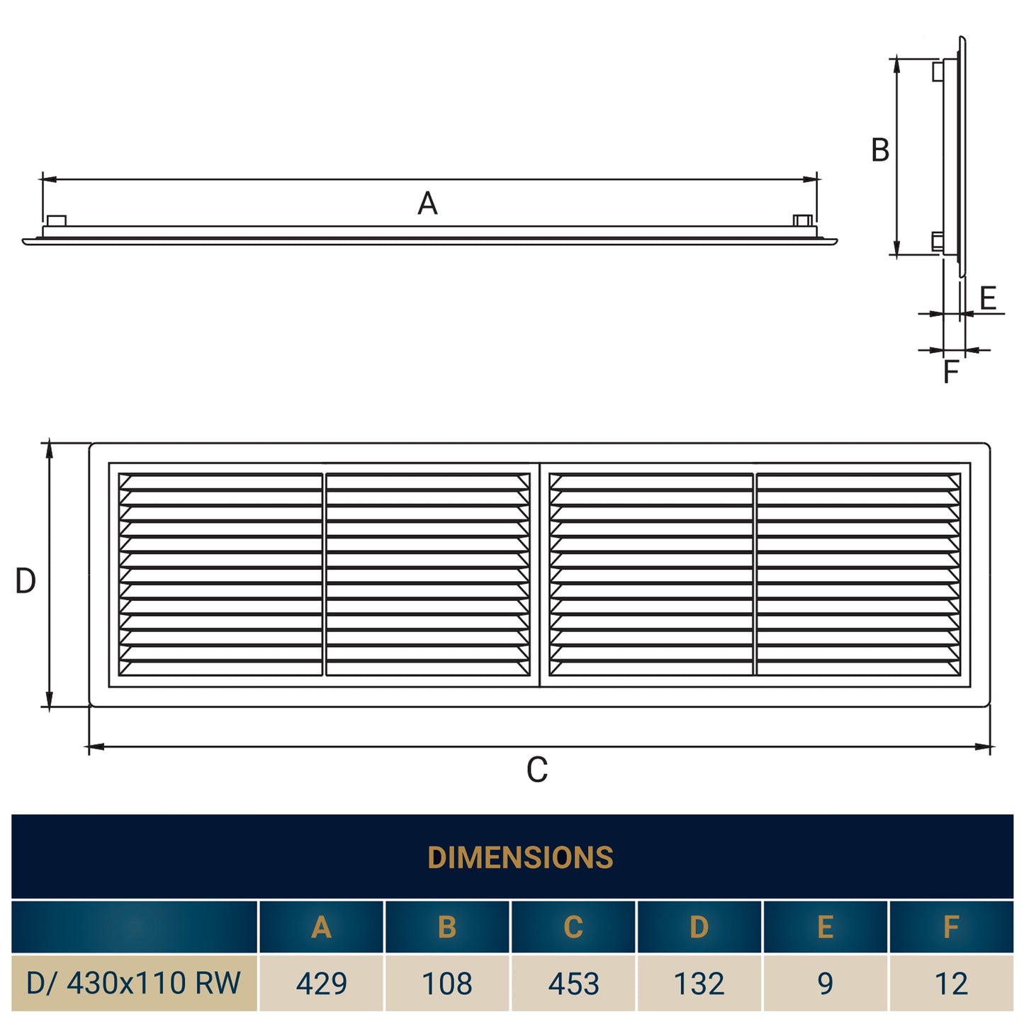 Louvre Vent D/430X110RW Classic 430mm X 110mm with Fly Screen Water Flow Control