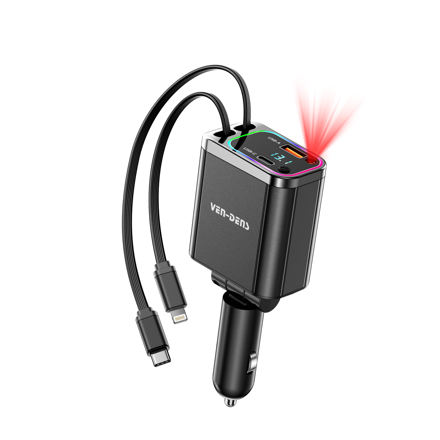 38W USB + Type-C Dual Ports Car Charger with Type-C and Lightning Cable