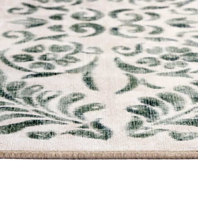 Eco-Washable Beige and Green Rug Floral Design
