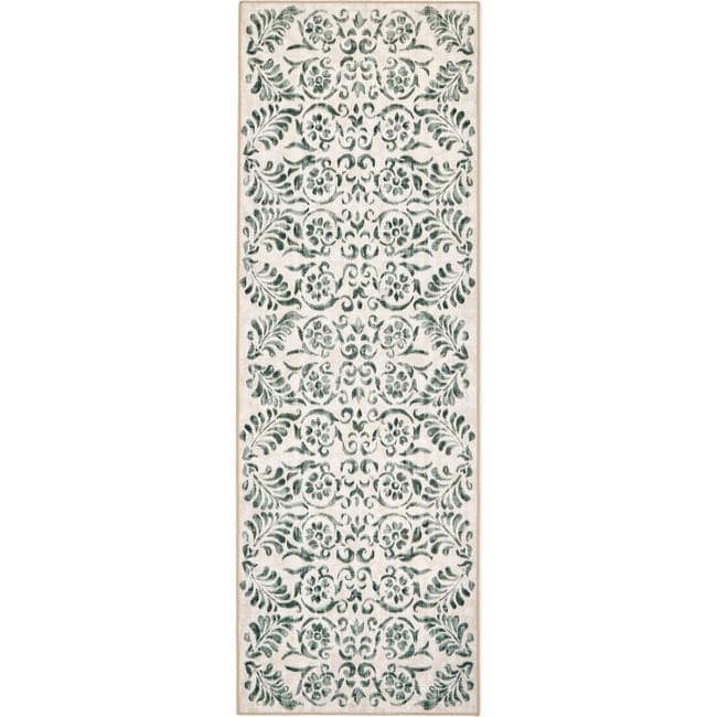 Eco-Washable Beige and Green Rug Floral Design