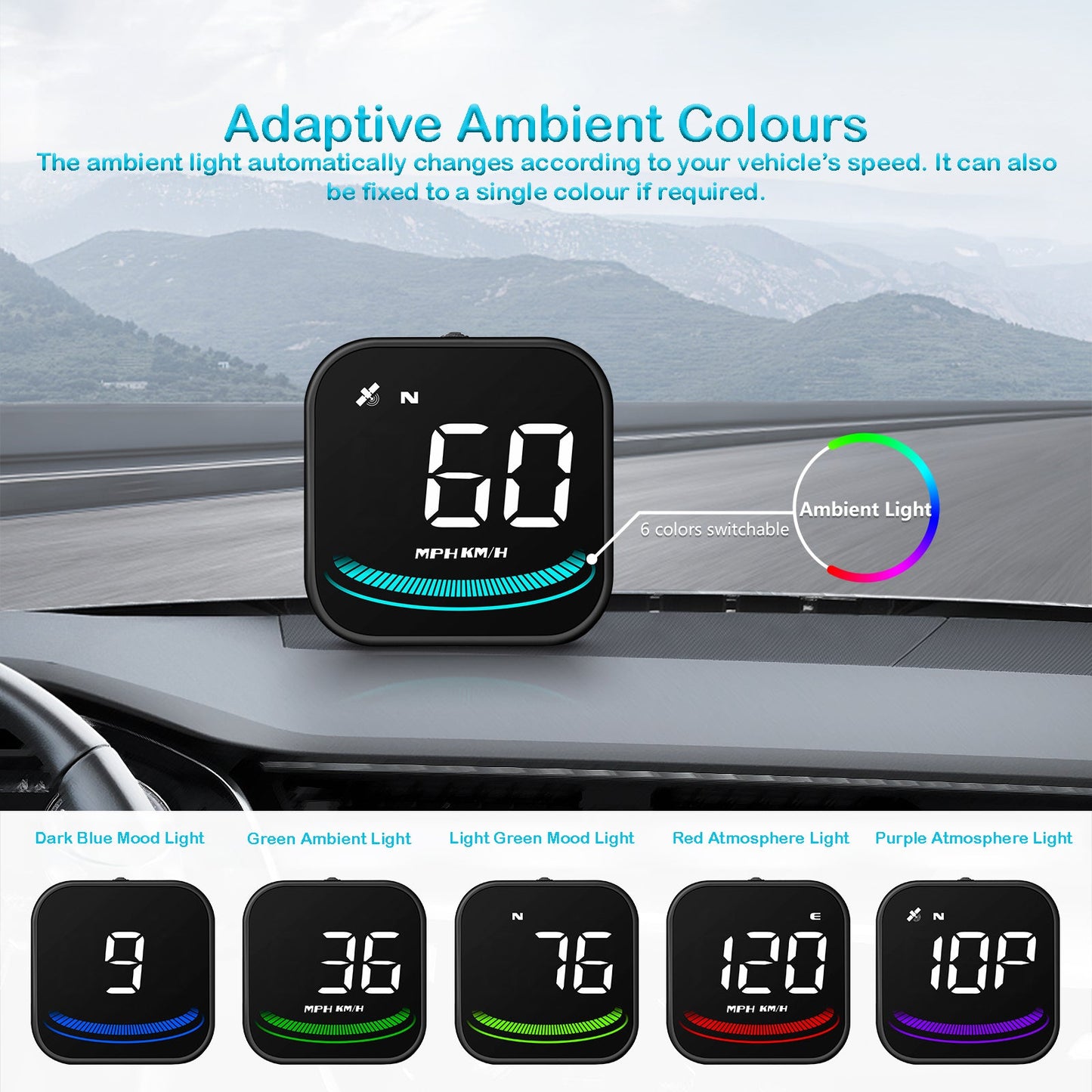VisionX Car Head-Up Display, Smart Speedometer, MPH HUD with suction cup, overspeed fatigue alarm
