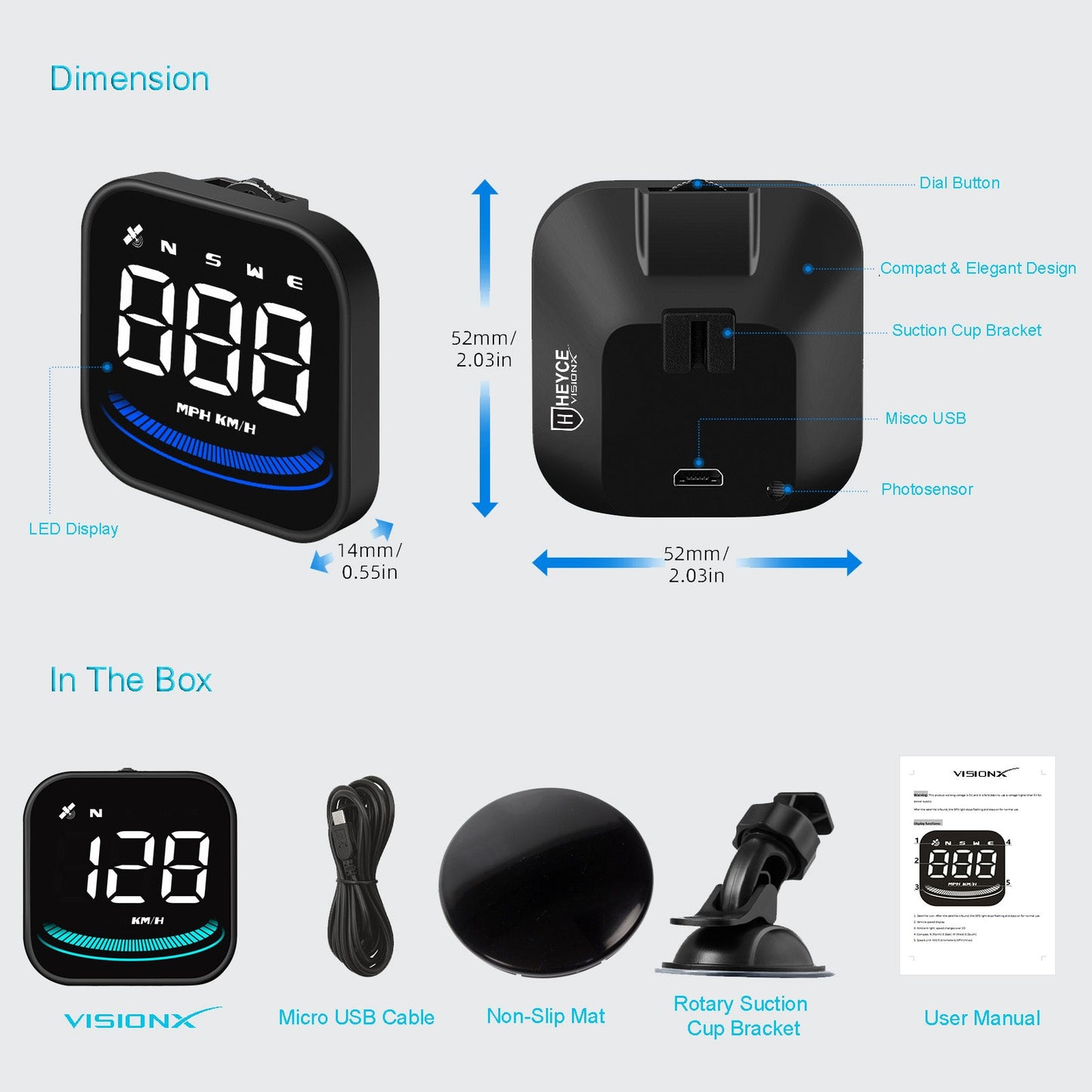 VisionX Car Head-Up Display, Smart Speedometer, MPH HUD with suction cup, overspeed fatigue alarm