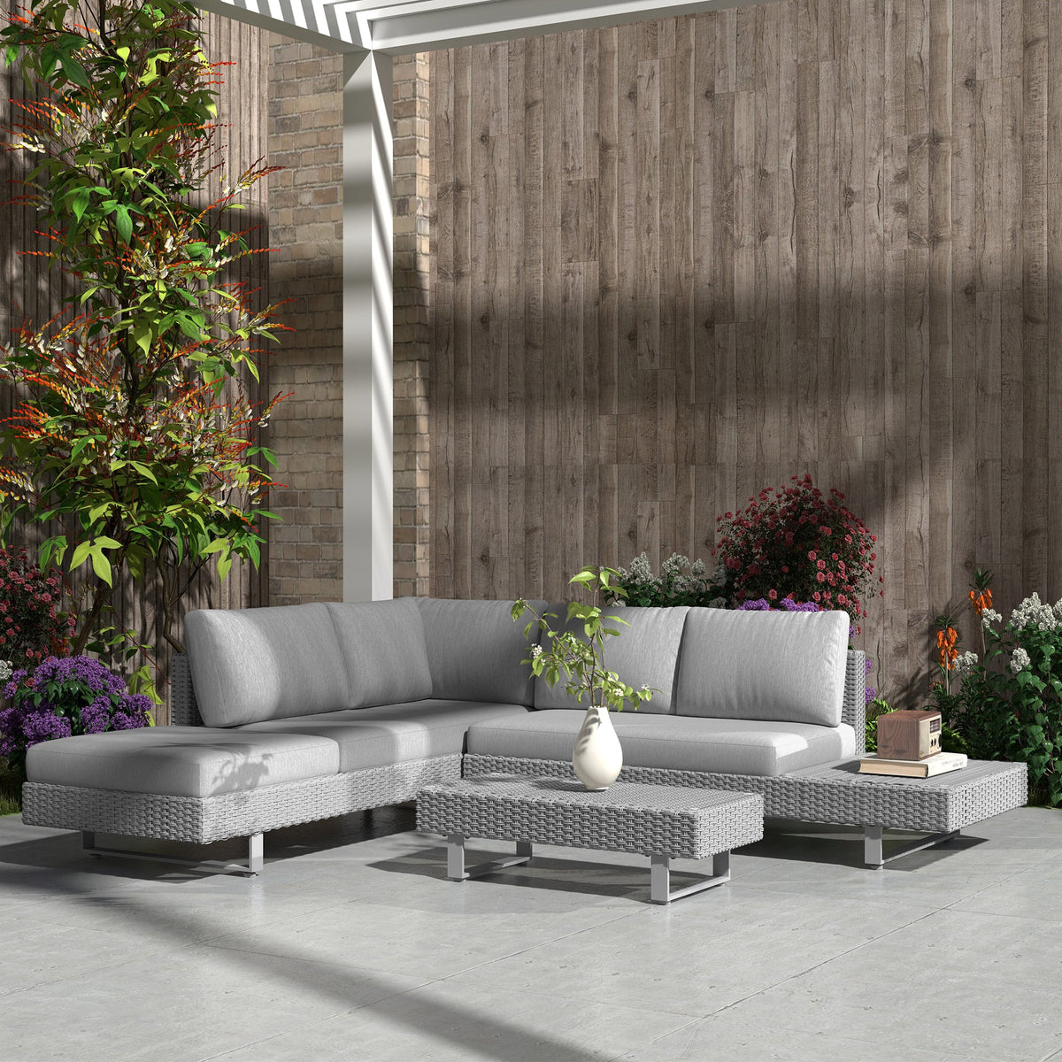 Outsunny 3pc Rattan Wicker Sofa Set with Tea Table & Cushions, Light Grey