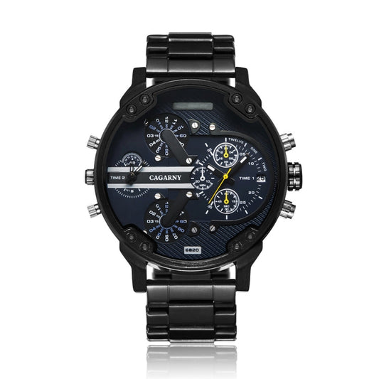 CAGARNY 6820 Fashionable Business Style Large Dial Dual Time Zone Quartz Movement Wrist Watch with Stainless Steel Band & Calendar Function for Men((Black Steel Band Blue Window), Black Steel Band Blue Window, Steel Band White Window