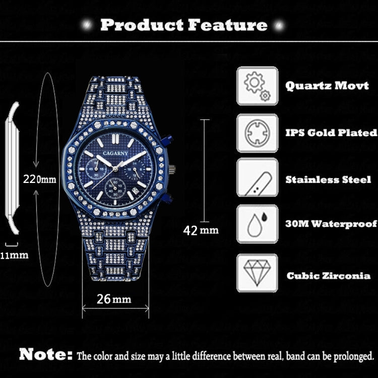 CAGARNY 6881 Diamond-studded Six-needles Guartz Dual Movement Watch Men Stainless Steel Strap Watch (Gold Shell Gold Dial), WA0334JB, WA0334JW, WA0334L, WA0334SB, WA0334SW