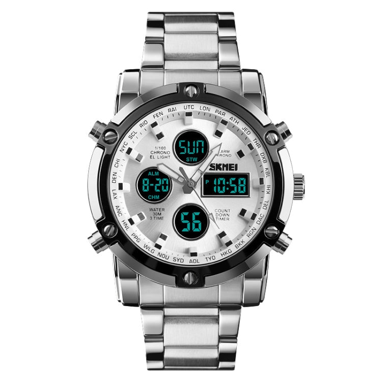 SKMEI 1389 Multifunctional Men Business Digital Watch 30m Waterproof Large Dial Wrist Watch with Stainless Steel Watchband , 1389 Black, 1389 Blue, 1389 Silver