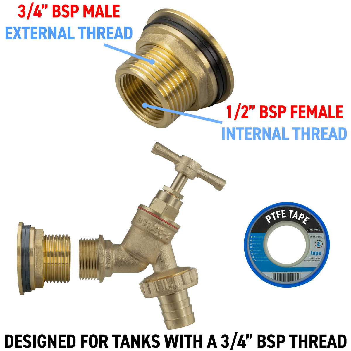 Water Butt Brass Kit 3/4" with Brass Barbed Tap and Drill Bit
