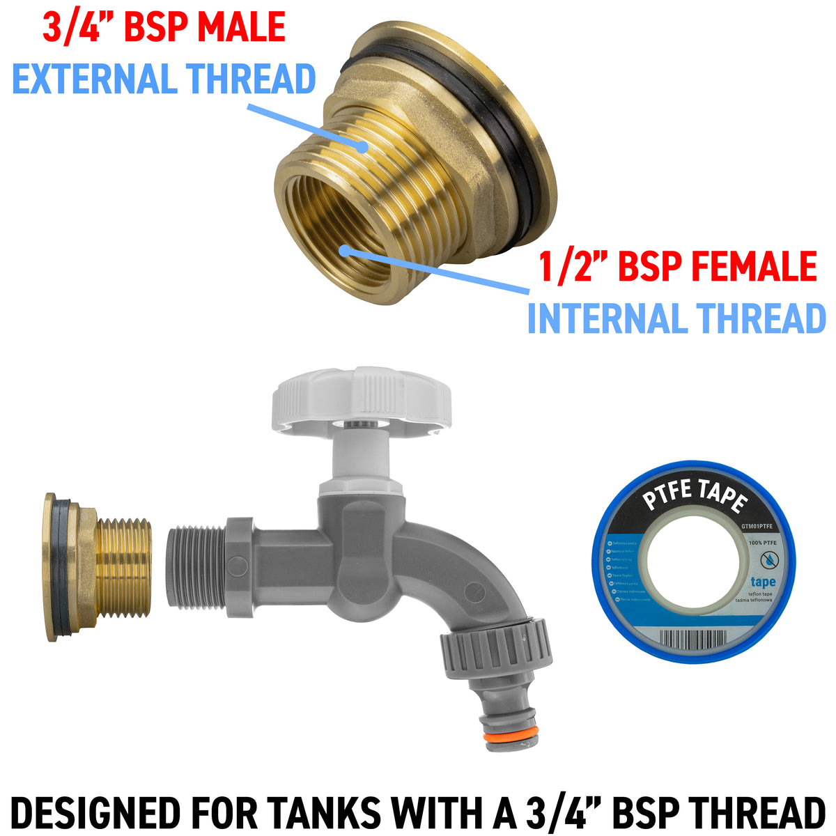 Water Butt Brass Kit 3/4" with Grey Dial Tap and Drill Bit