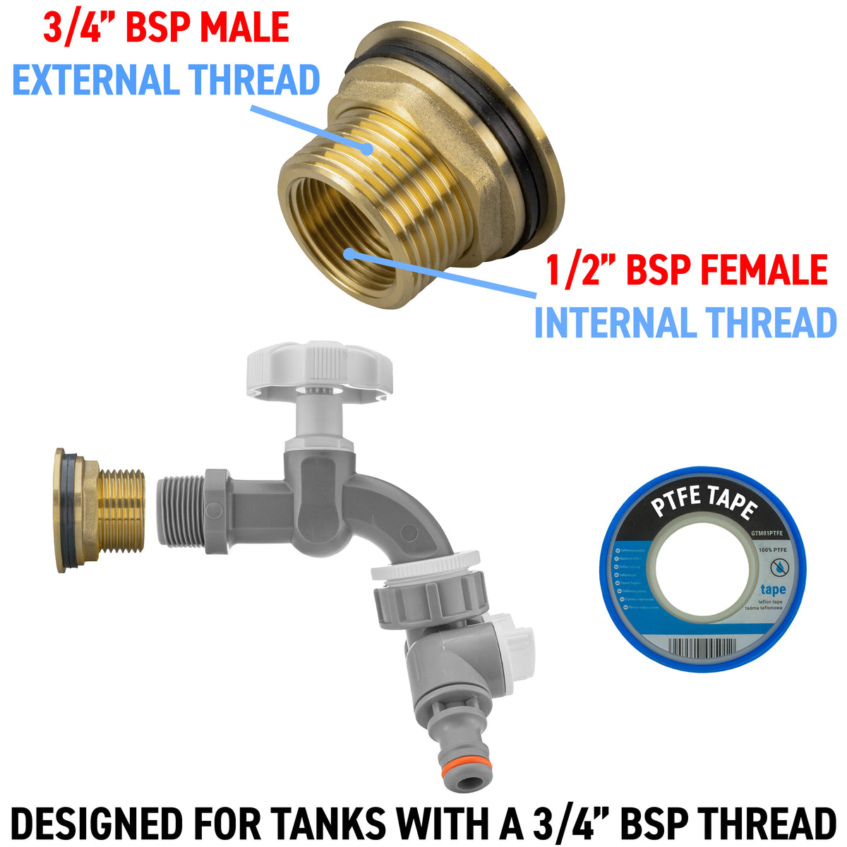 Water Butt Brass Kit 3/4in with Grey Dial Tap + Two-Way Splitter Water Connector