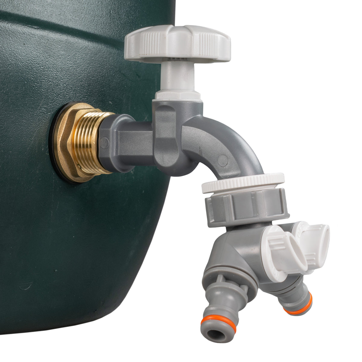 Water Butt Brass Kit 3/4in with Grey Dial Tap + Two-Way Splitter Water Connector