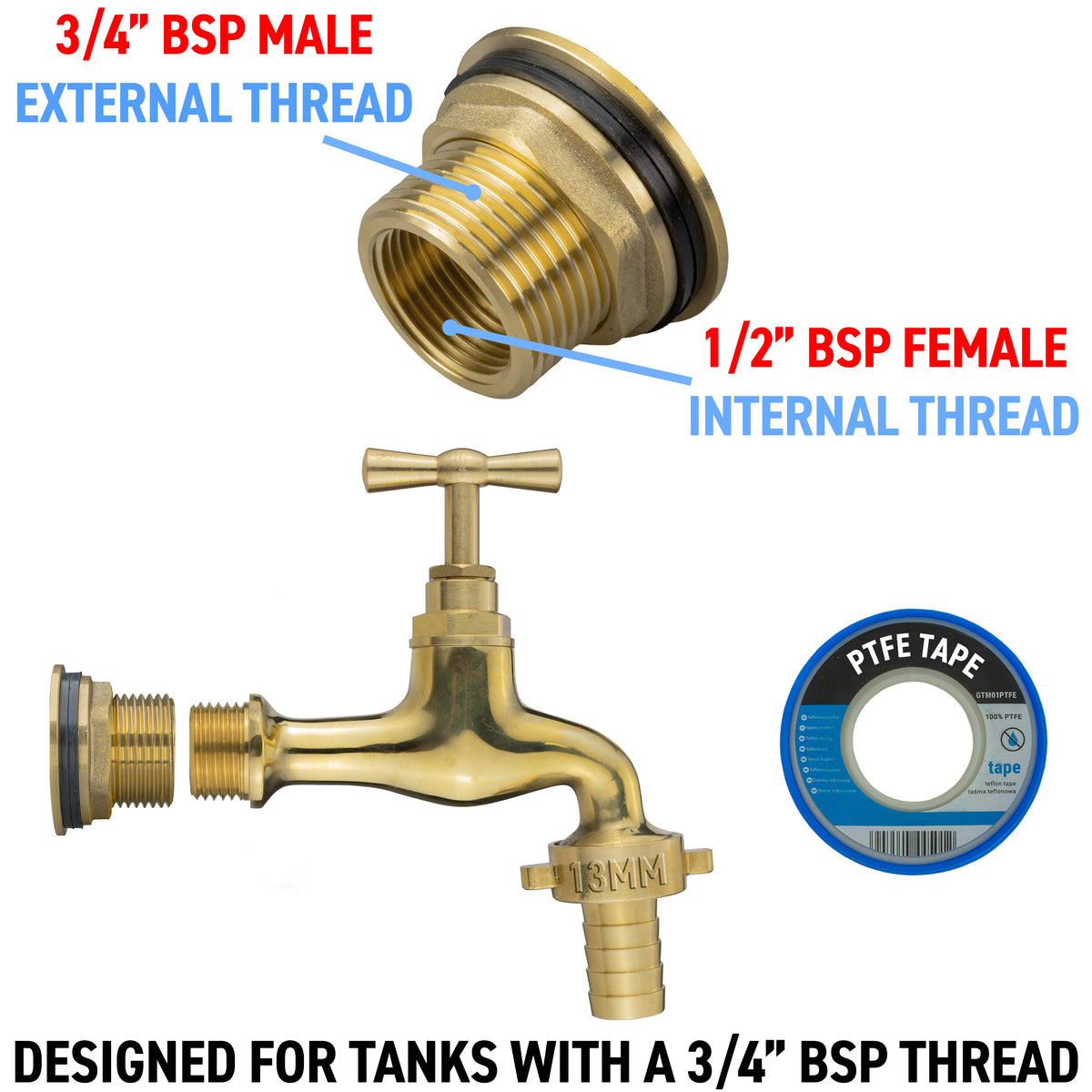 Water Butt Brass Kit 3/4" with 13mm Barbed Polished Brass Tap and Drill Bit