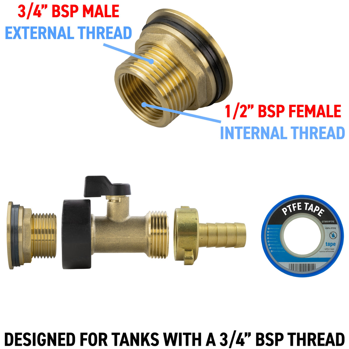 Water Butt Brass Kit 3/4in with Brass Valve + 13mm Barb for Brass Water Fitting