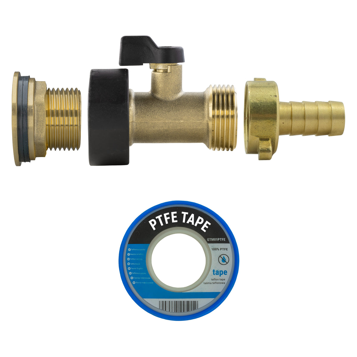 Water Butt Brass Kit 3/4in with Brass Valve + 13mm Barb for Brass Water Fitting