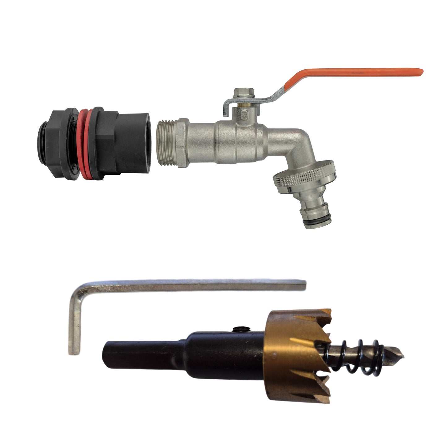 Water Butt Kit 1/2in with Quick Connect Lever Tap and Drill Bit Garden Hose Pipe