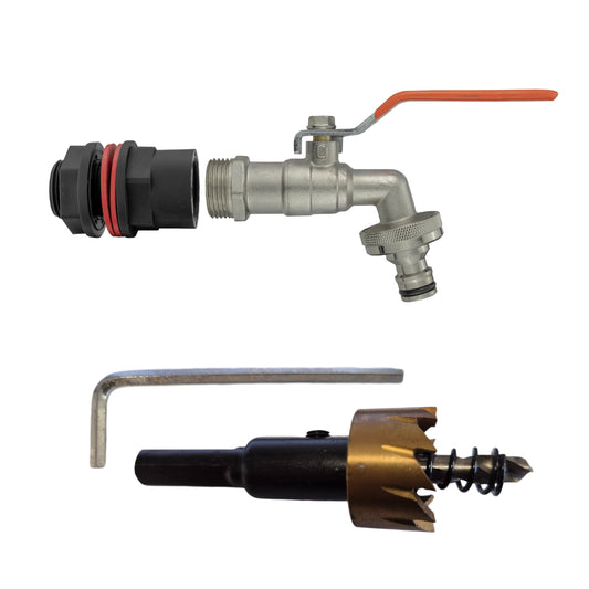 Water Butt Kit 1/2in with Quick Connect Lever Tap and Drill Bit Garden Hose Pipe