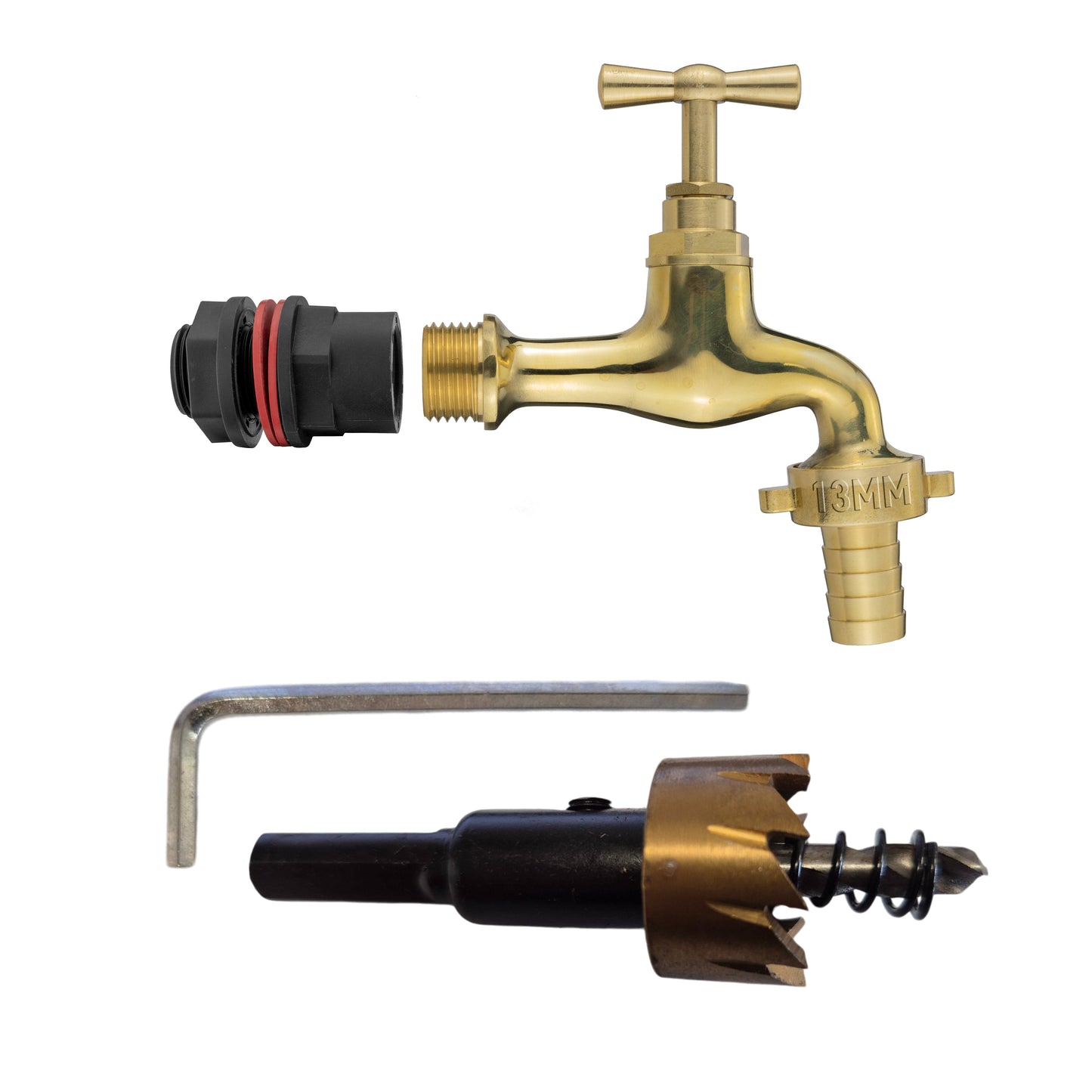 Water Butts Kit 1/2in With Polish Brass Tap 13mm Outlet and Drill Bit