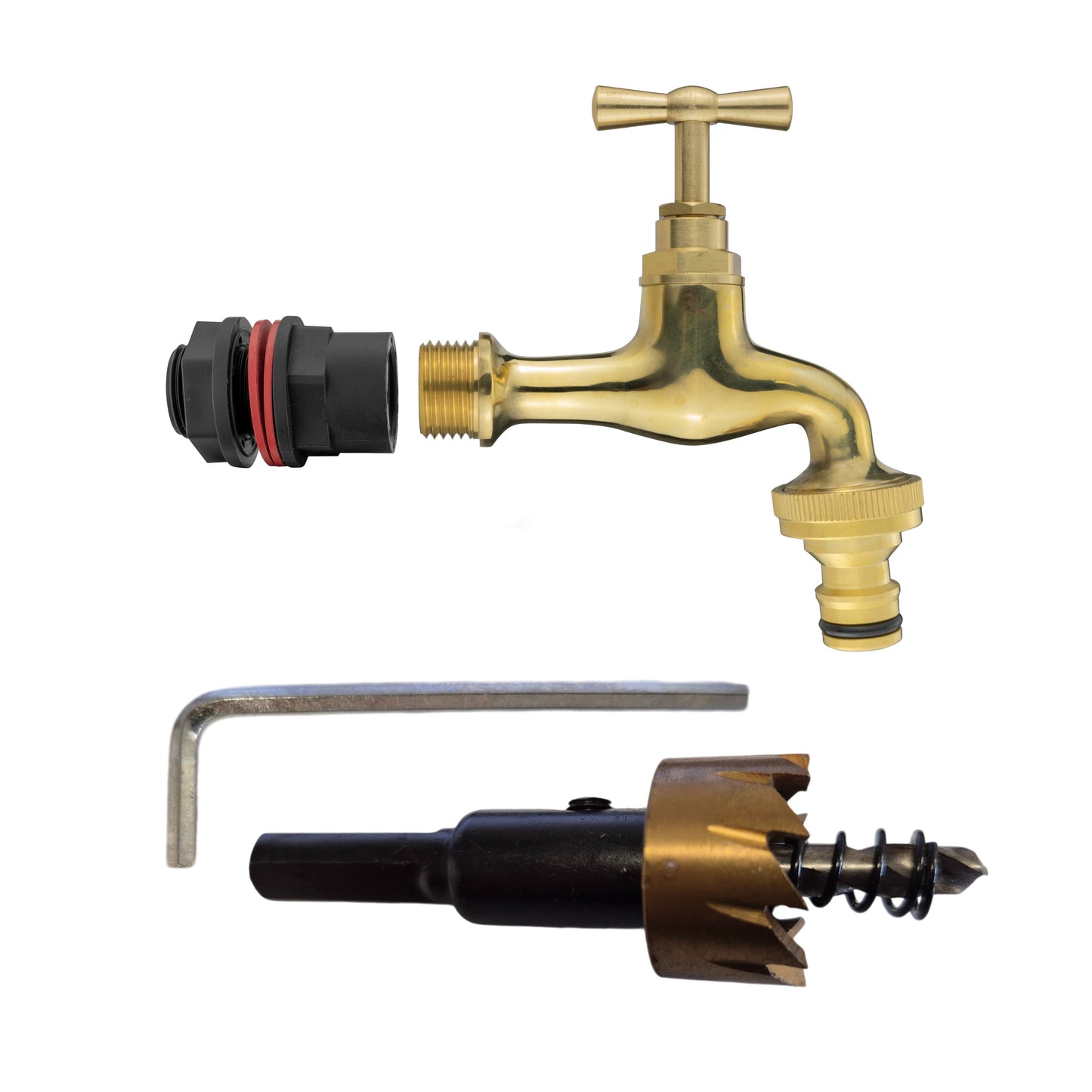 Water Butts Kit 1/2in With Polish Brass Tap and Snap On Connector and Drill Bit