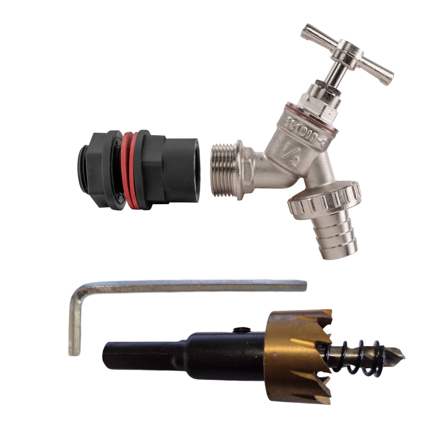 Water Butt Kit 1/2in with Nickel Plated Barbed Tap and Drill Bit Water Connector