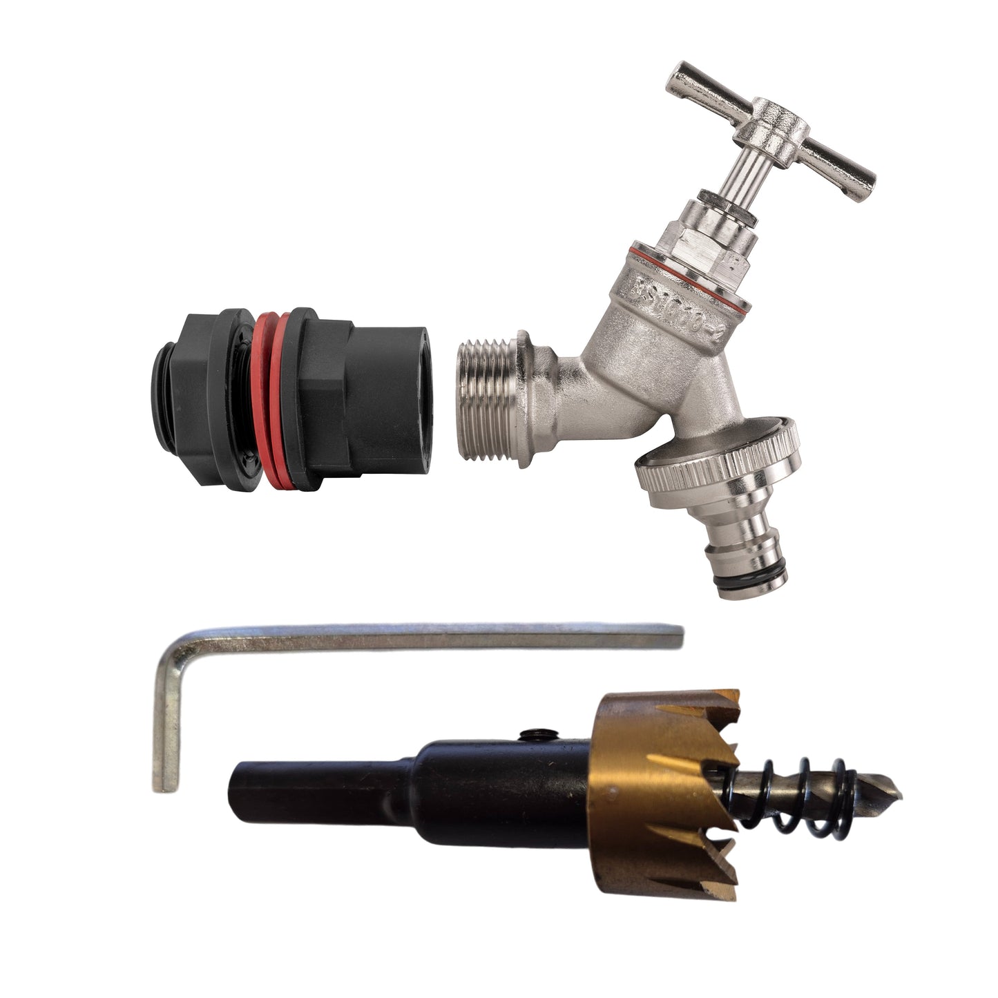 Water Butt Kit 1/2in with Nickel Plated Quick Connect Tap and Drill Bit