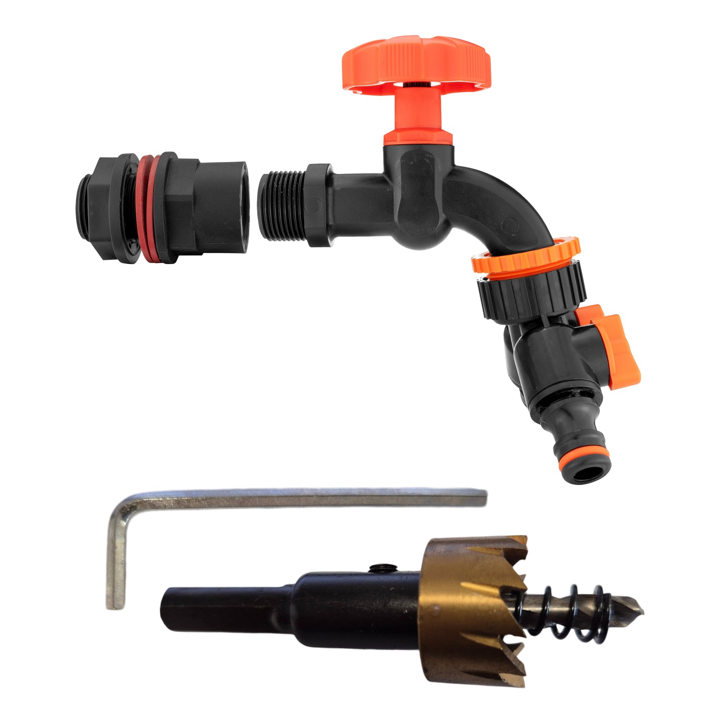Water Butt Kit 1/2in with Black Dial Tap + Two-Way Splitter and Drill Bit