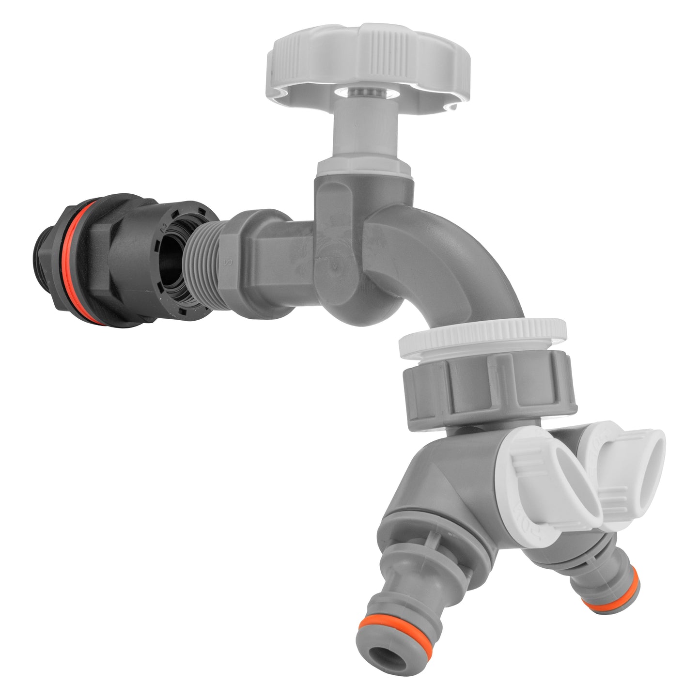 Water Butt Kit 1/2in with Grey Dial Tap + Two-Way Splitter and Drill Bit