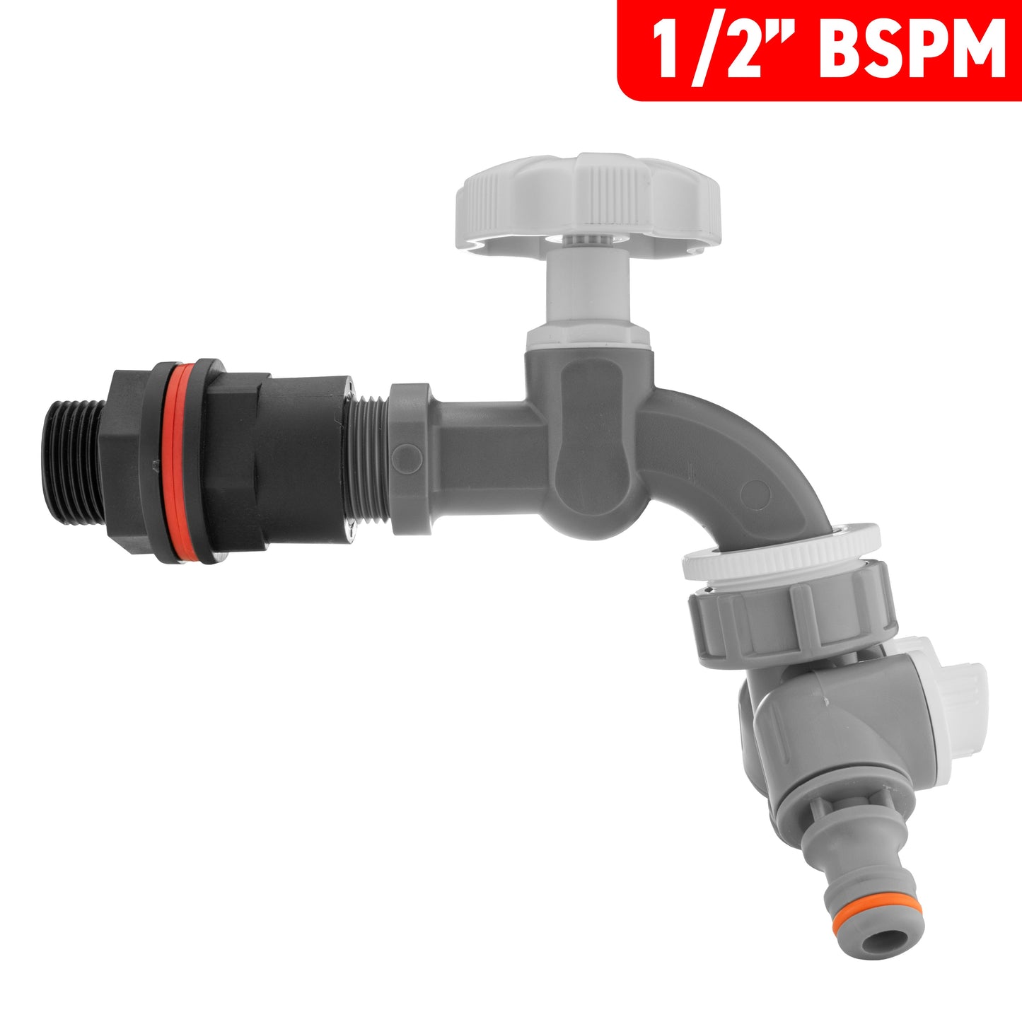 Water Butt Kit 1/2in with Grey Dial Tap + Two-Way Splitter and Drill Bit