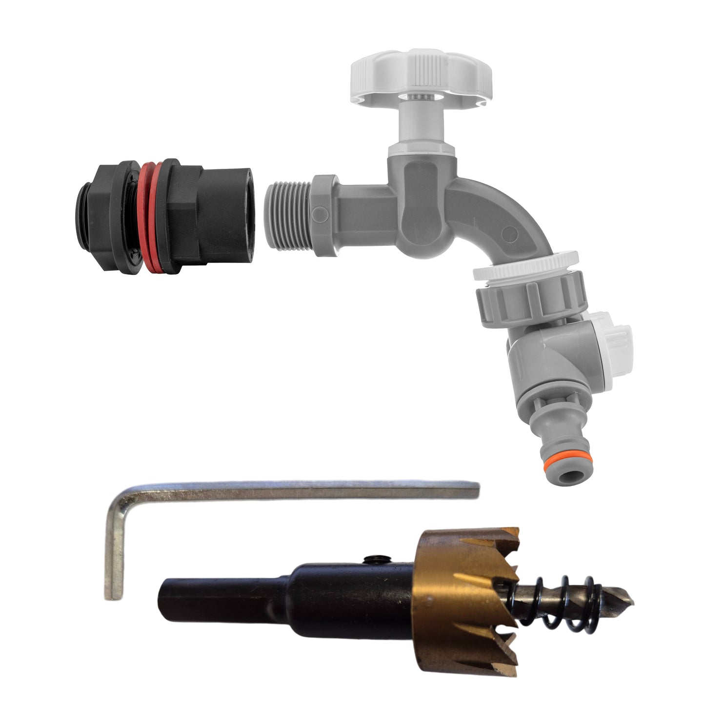 Water Butt Kit 1/2in with Grey Dial Tap + Two-Way Splitter and Drill Bit