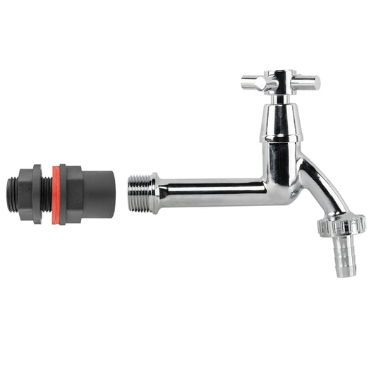 Water Butt Kit 1/2in with Extended Brass Chrome Tap 1/2in Barb Hose Pipe Fitting