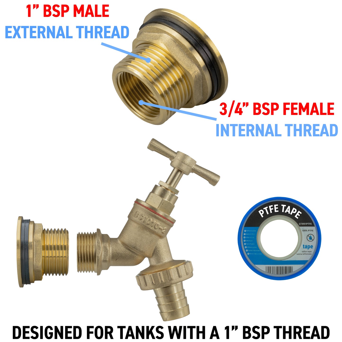 Water Butt Brass Kit 1in with Brass Barbed Tap and Drill Bit for Water Connector