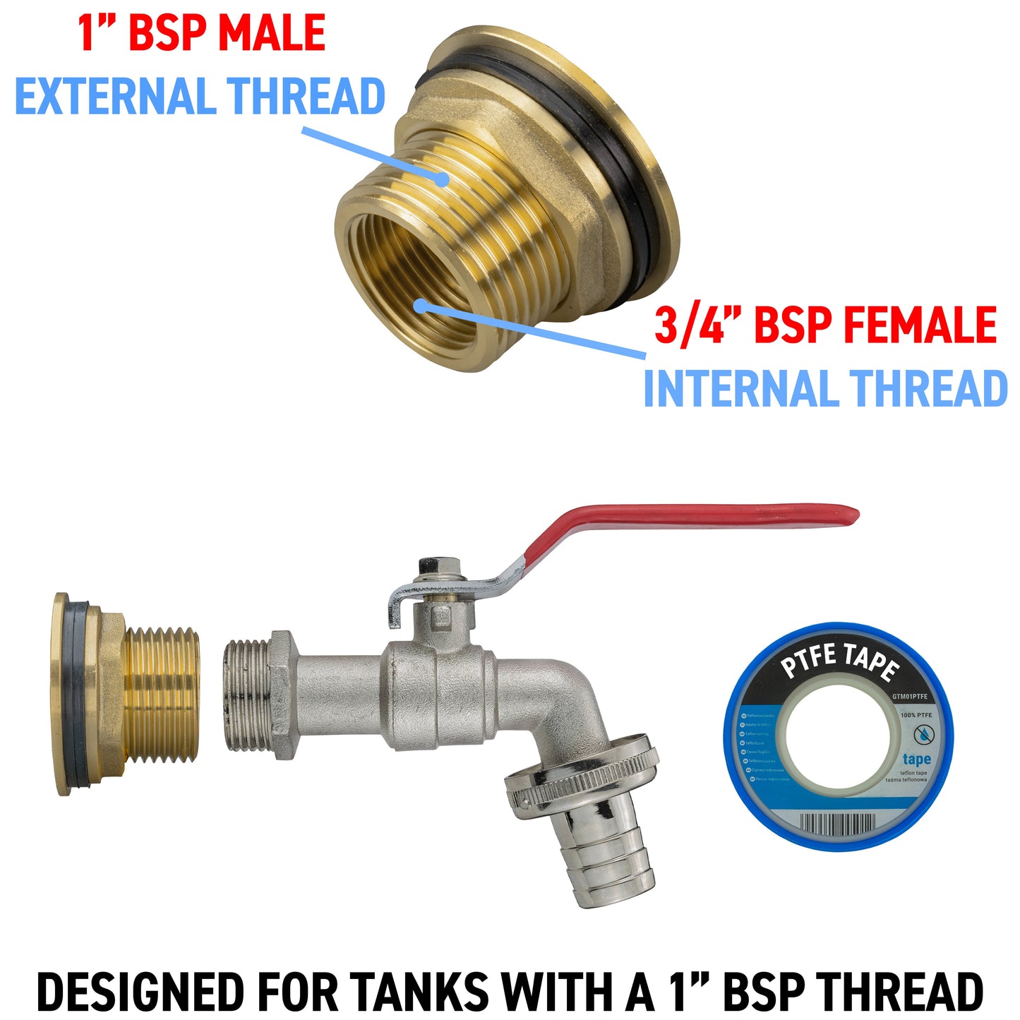 Water Butt Brass Kit 1in with Barbed Lever Tap and Drill Bit for Water Connector