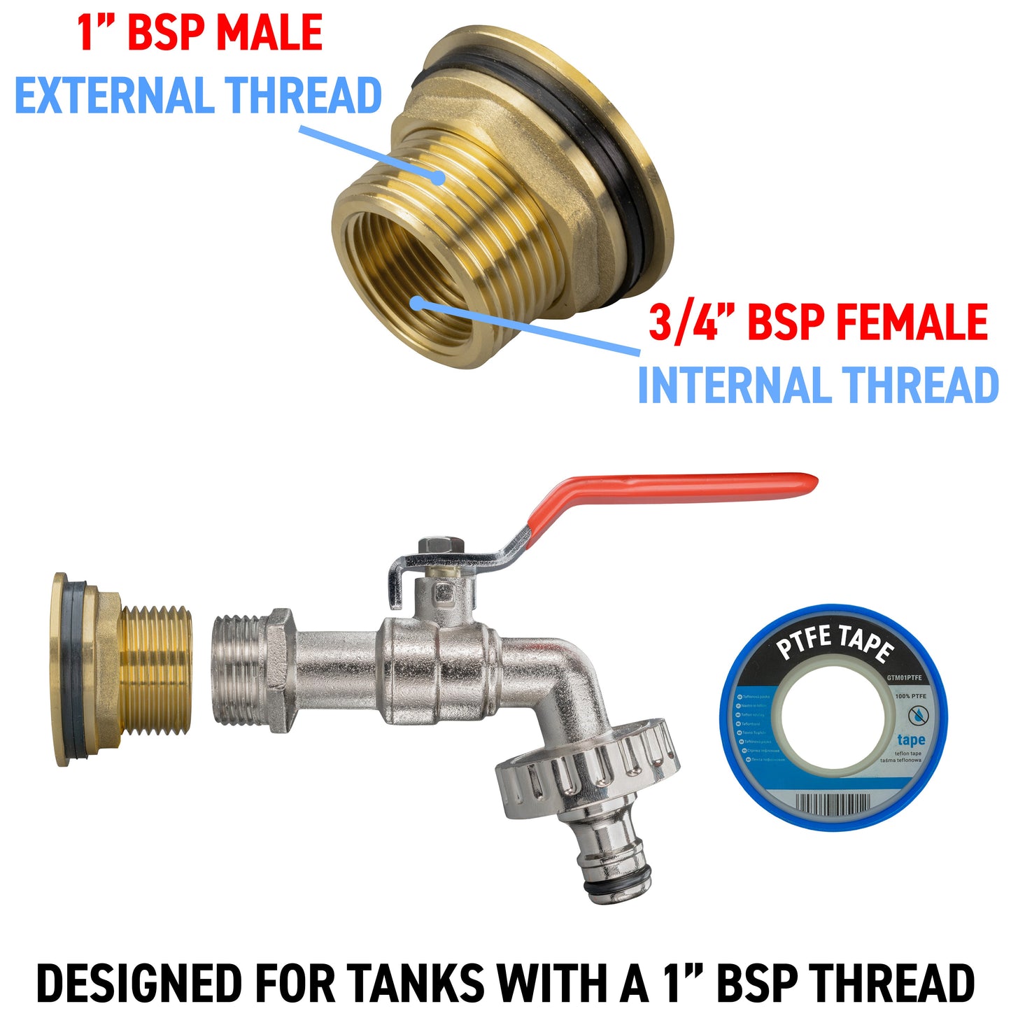 Water Butt Brass Kit 1in with Quick Connect Lever Tap and Drill Bit Tap Adapter