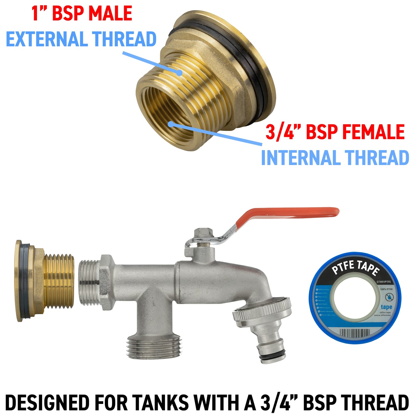 Water Butt Brass Kit 1in with Double Tap and Drill Bit for Garden Irrigation Kit