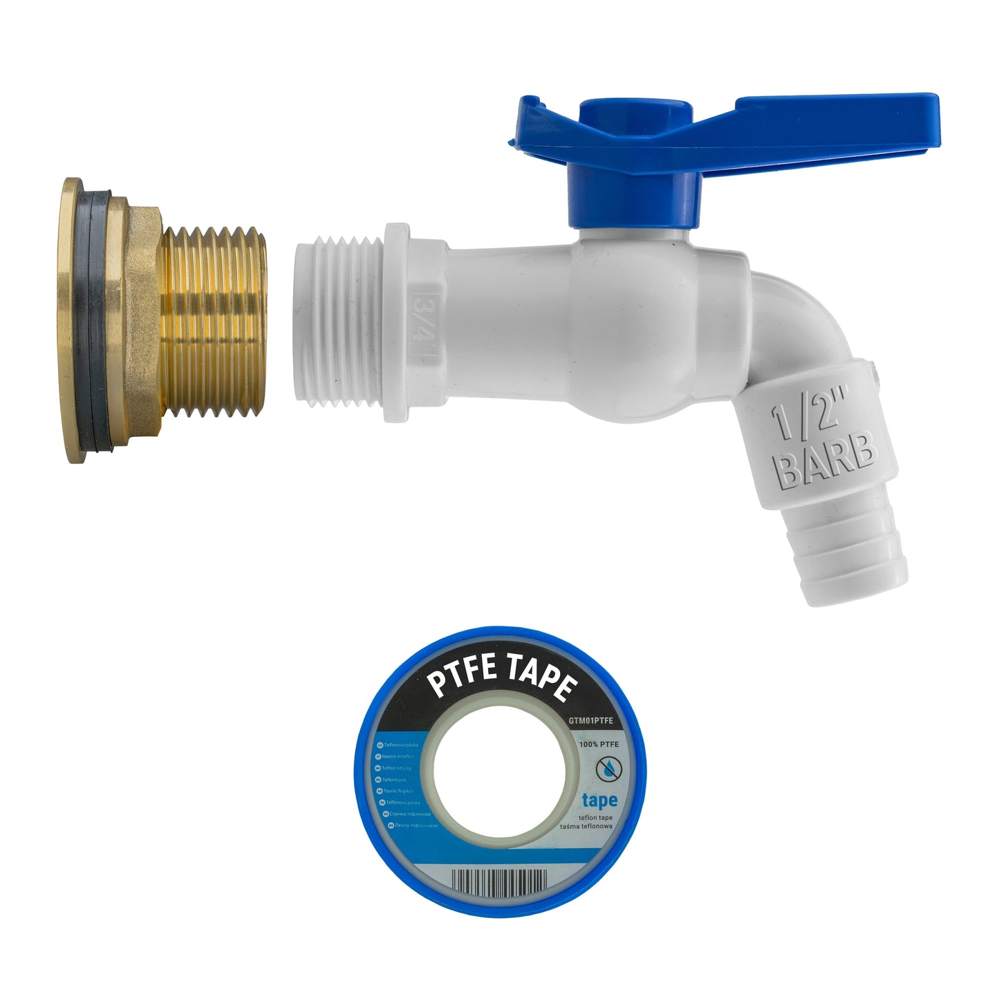 Water Butt Brass Kit 1in with White PVC Tap and Drill Bit for Hose Connector Set